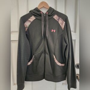Under Armour Dark Green Hoodie with Camo and Pink Logo